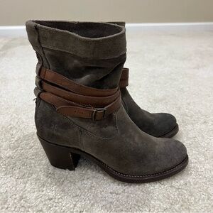Frye Women Jane Strappy Short Ankle Boot Suede Leather  Pull On Size 5.5 B Gray,